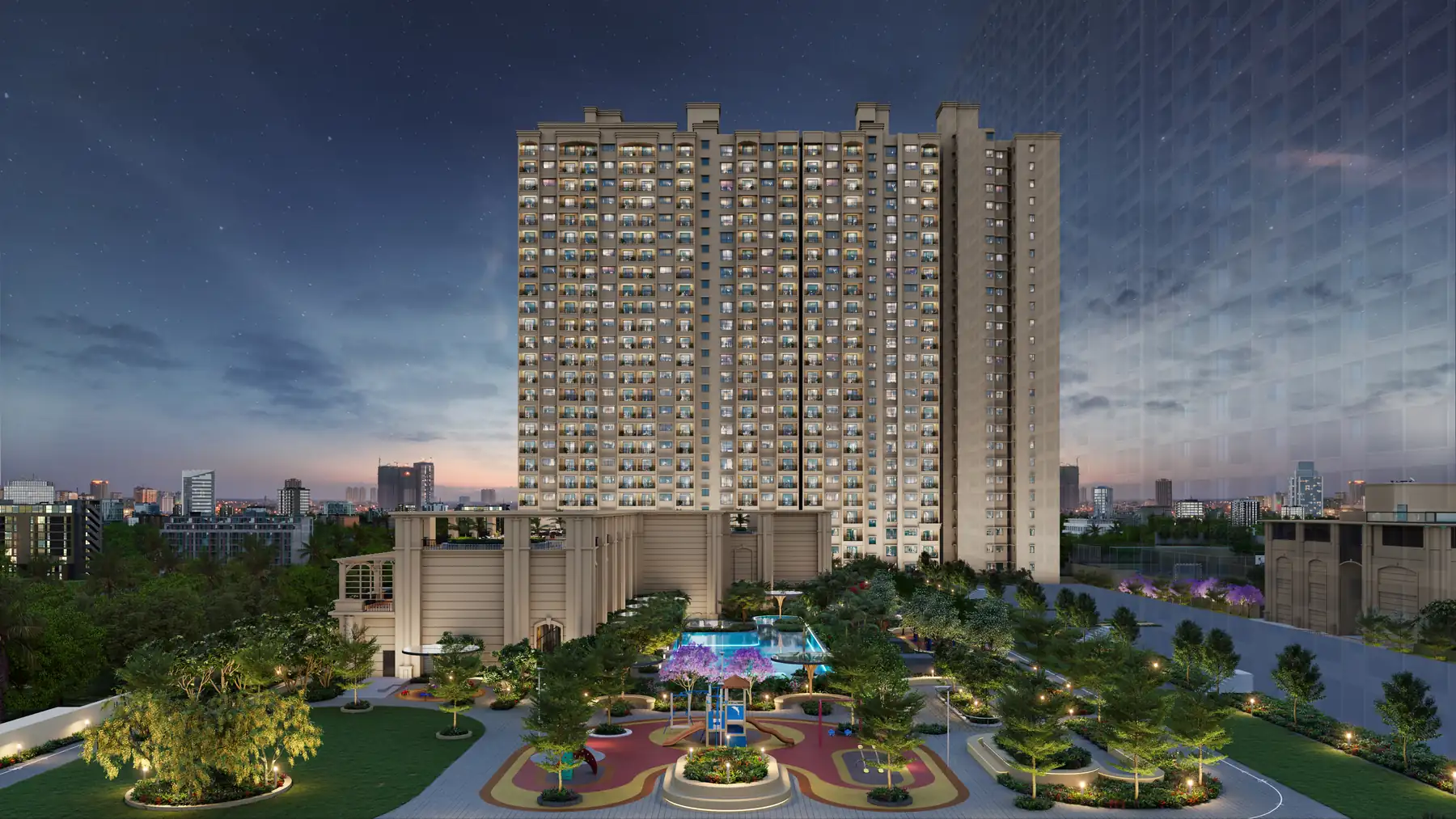 Landscaped central courtyard with children's play area and pool at dusk, artist's impression