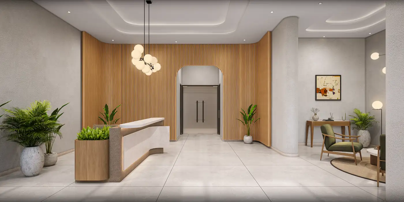 Double-height entrance lobby with fluted timber walls and arched doorway, artist's impression
